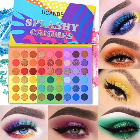 UCANBE 6 in 1 Splashy Candies 54 Colors Eye Shadow Palette Vivid Summer Look Eyes Makeup Glitter Shimmer Matte Eyeshadow Powder