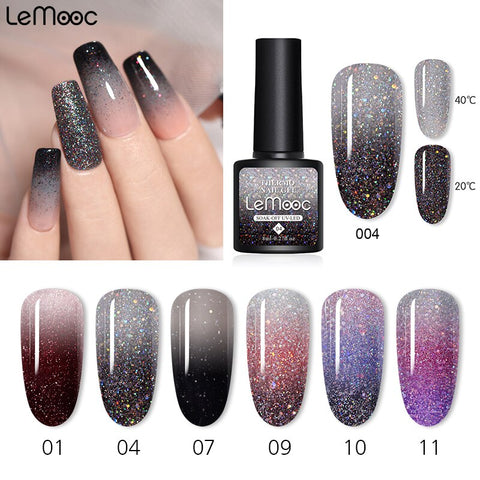 LEMOOC 8ml Thermal Gel Polish Glitter Temperature 12 Colors Changing Gel Nail Varnish Soak Off UV LED DIY Design