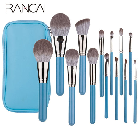 RANCAI Makeup Brushes Set 13pcs with Leather Bag Foundation Powder Blush Eyeshadow Sponge Brush Soft Hair Cosmetic Tools Makeup