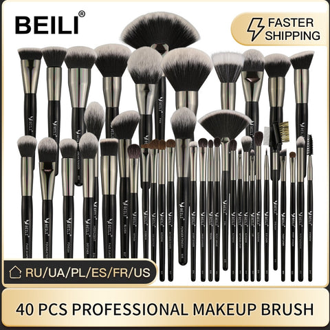 BEILI Luxury Black 2-40pcs Makeup Brushes Set Professional make up brushes set  Natural hair Powder Foundation Contour Fan