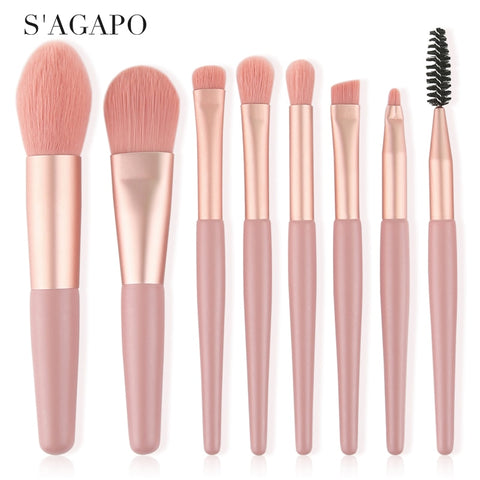 S'AGAPO 8pcs Mini Matte Makeup brushes set Wooden handle Eyeshadow Eyebrow Foundation Blush Loose powder Lips Face Makeup tools