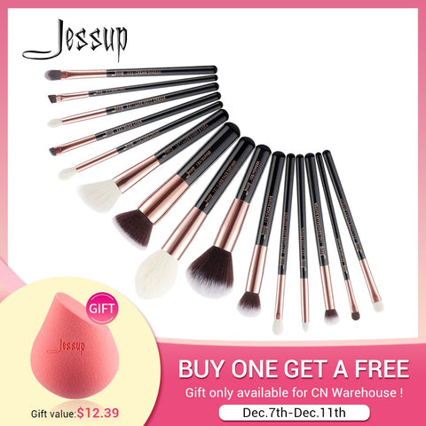 Jessup makeup brush set foundation buffer shader brush 15pcs Black/Rose gold Natural-Synthetic Hair pincel maquiagem Kit T160